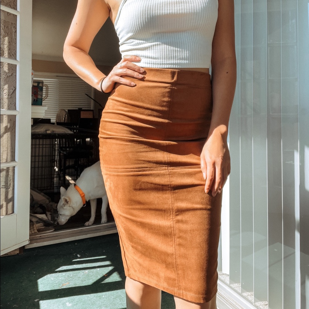 Brown/Tan Faux Suede Midi Skirt